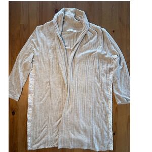 August Mist Ribbed Lace Side Panel Open Front Cardigan Heathered GreyTan Women S